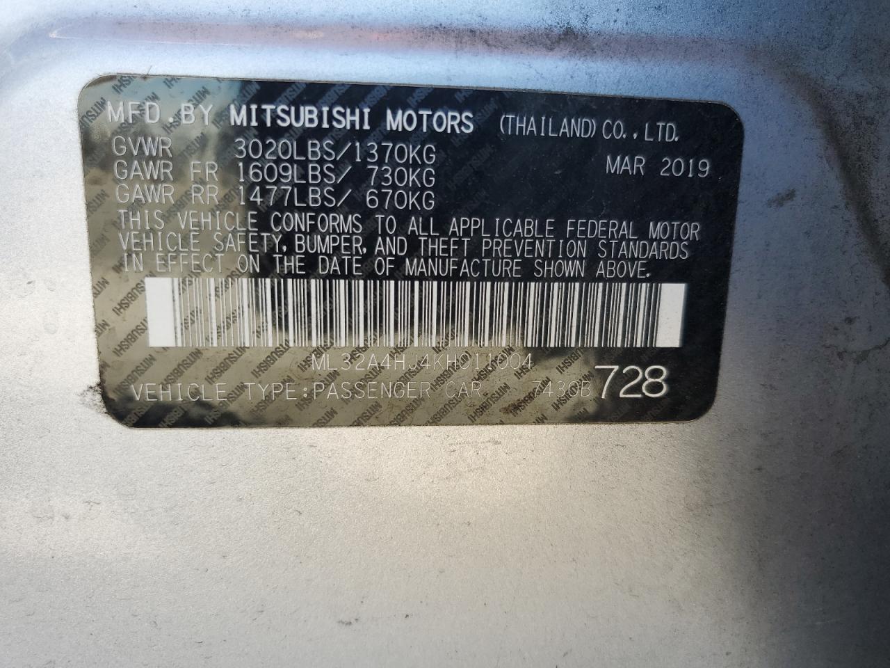 2019 Mitsubishi Mirage Se VIN: ML32A4HJ4KH011004 Lot: 83819255