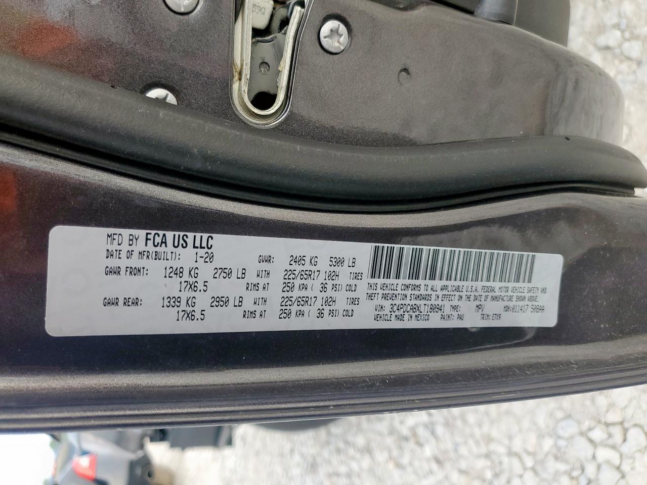 2020 Dodge Journey Se VIN: 3C4PDCABXLT180941 Lot: 56185865