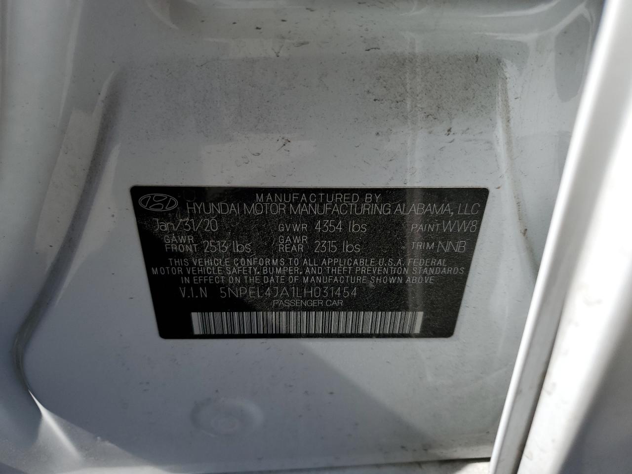 2020 Hyundai Sonata Sel VIN: 5NPEL4JA1LH031454 Lot: 57905775