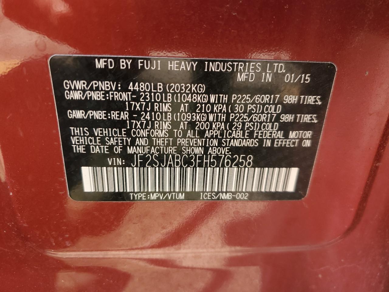 2015 Subaru Forester 2.5I VIN: JF2SJABC3FH576258 Lot: 57127085