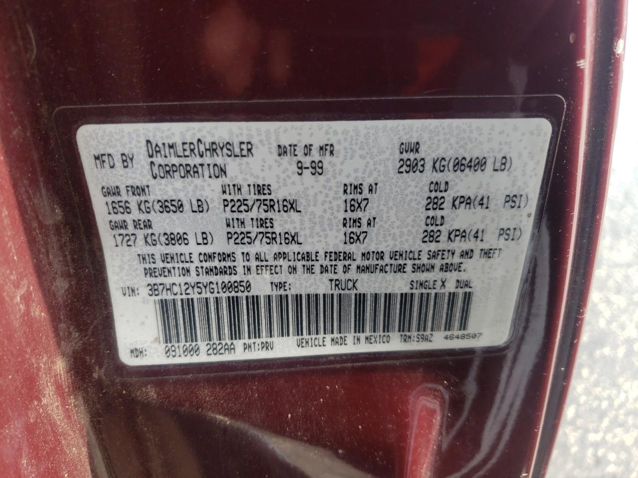 2000 Dodge Ram 1500 VIN: 3B7HC12Y5YG100850 Lot: 56823315