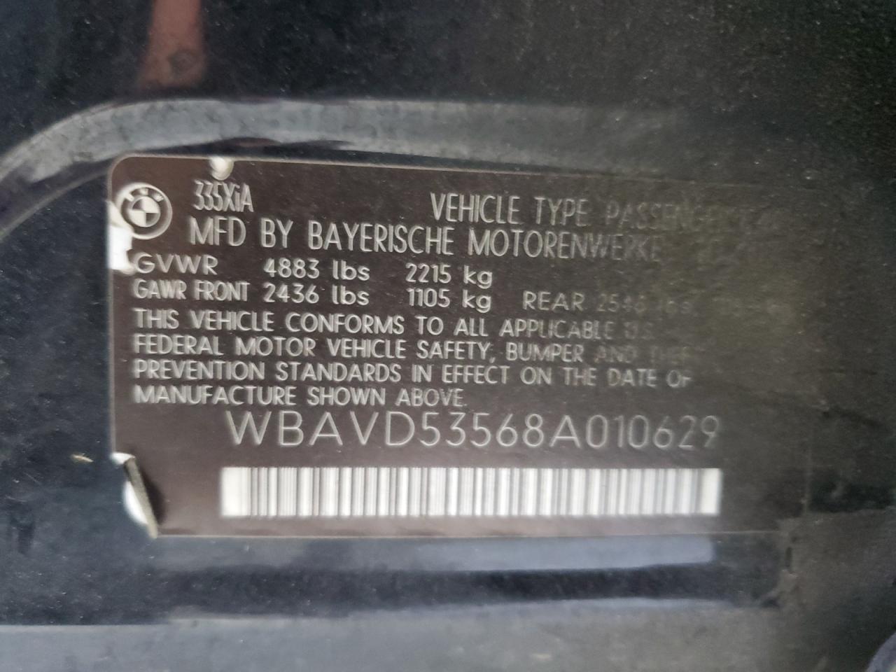2008 BMW 335 Xi VIN: WBAVD53568A010629 Lot: 55350445