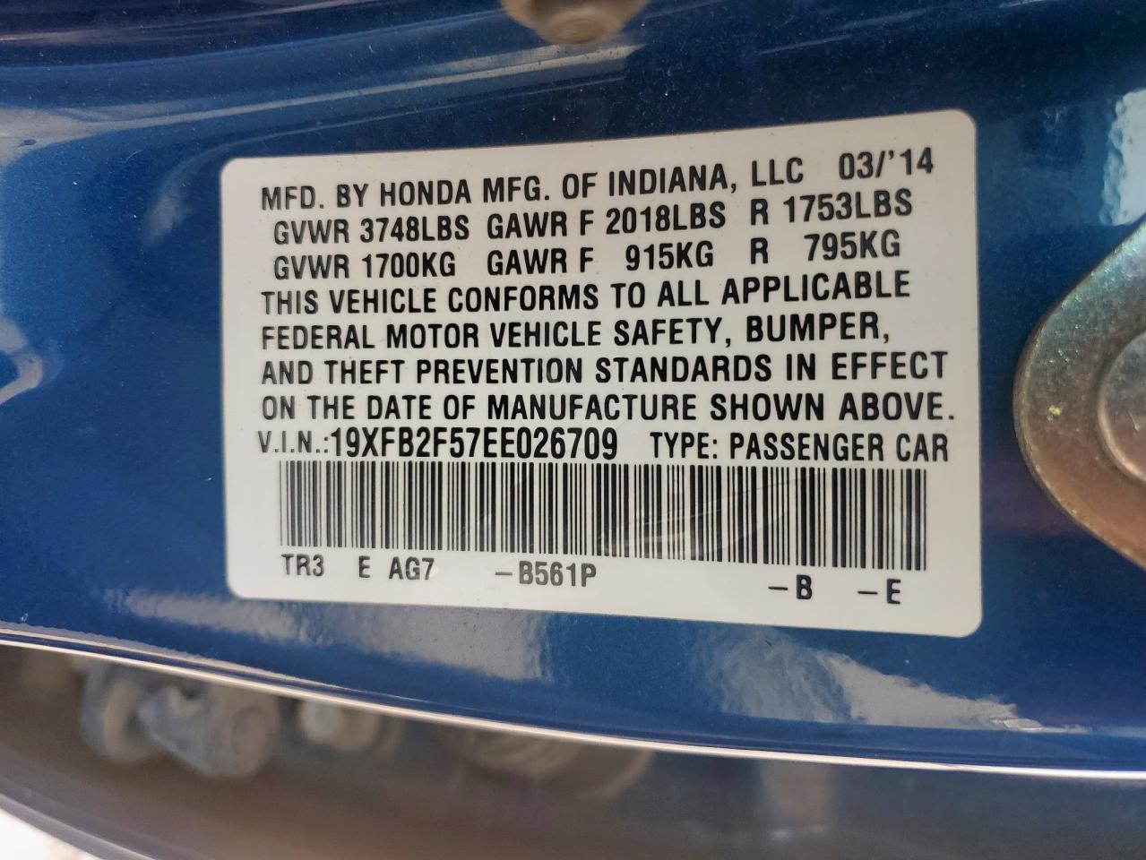 2014 Honda Civic Lx VIN: 19XFB2F57EE026709 Lot: 56791725