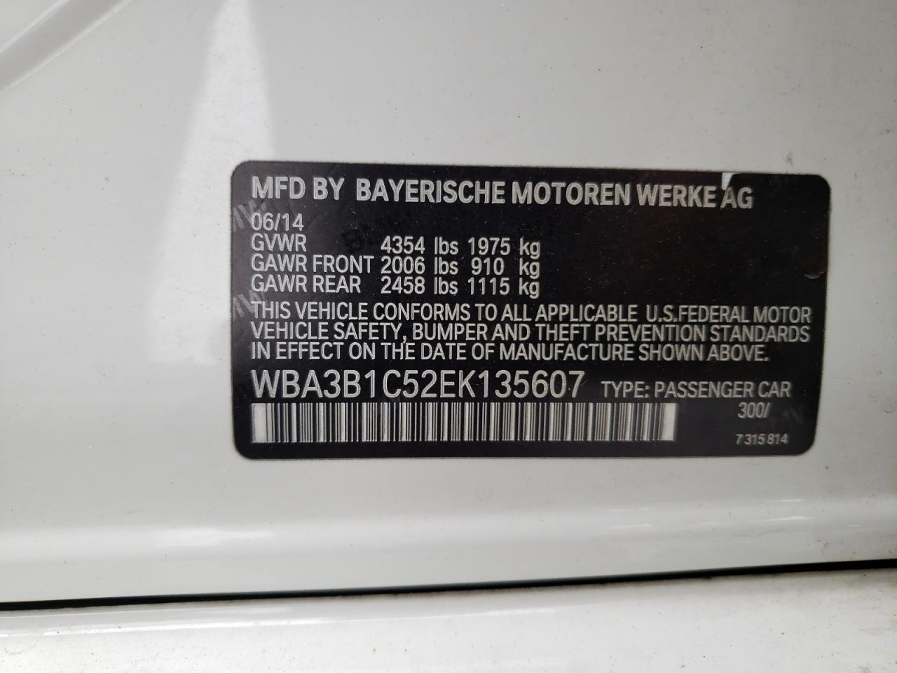 2014 BMW 320 I VIN: WBA3B1C52EK135607 Lot: 56897515