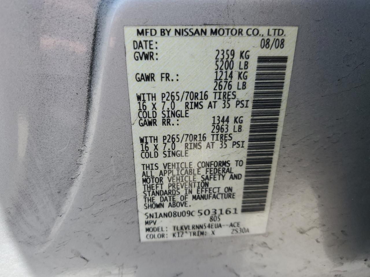 2009 Nissan Xterra Off Road VIN: 5N1AN08U09C503161 Lot: 57393735