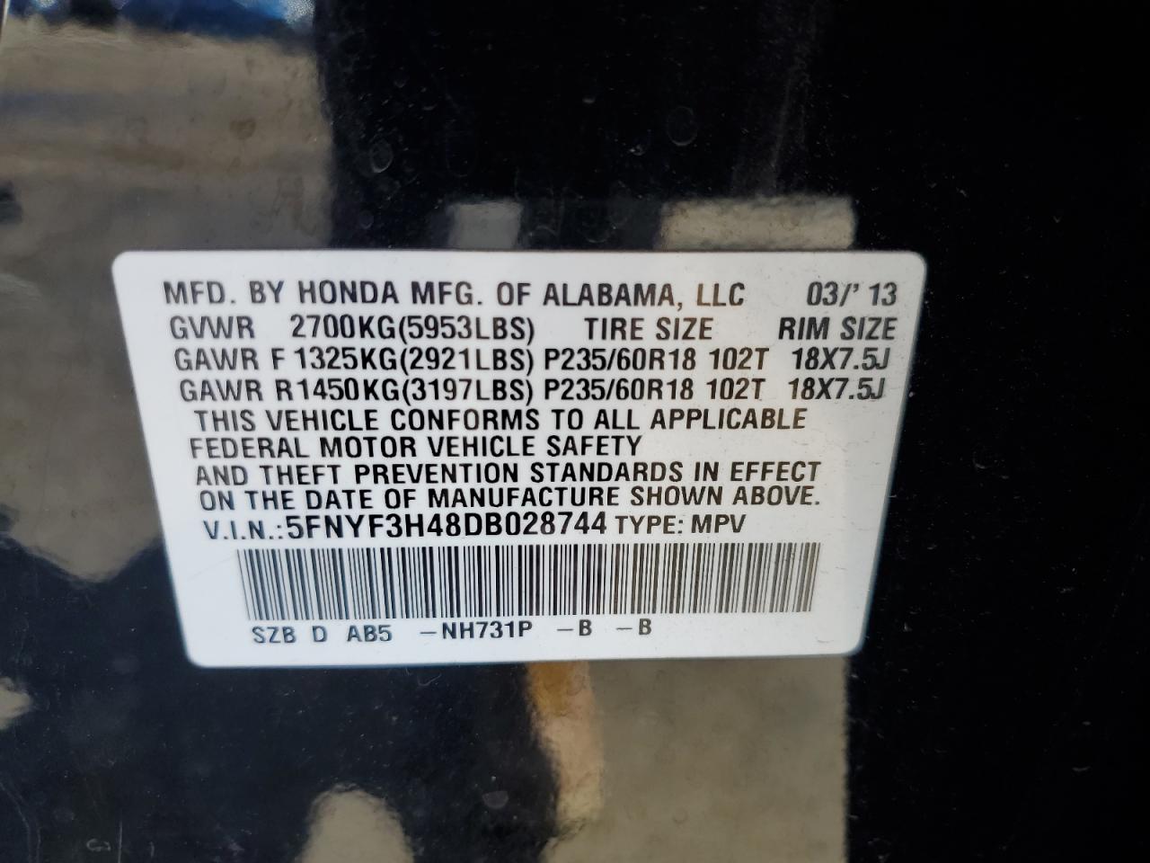 2013 Honda Pilot Ex VIN: 5FNYF3H48DB028744 Lot: 56782365