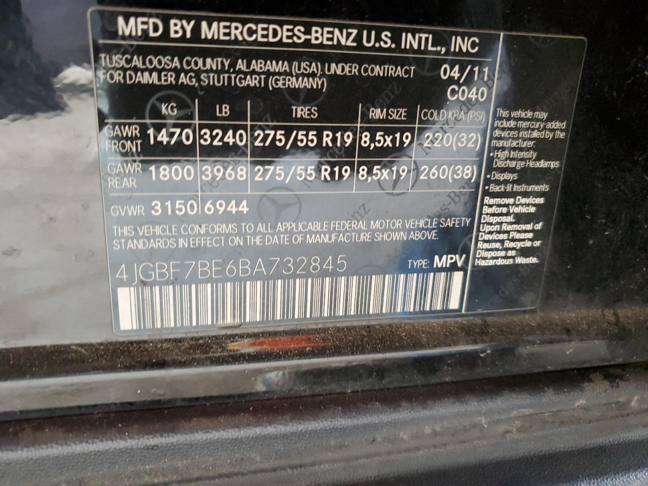 2011 Mercedes-Benz Gl 450 4Matic VIN: 4JGBF7BE6BA732845 Lot: 55334525