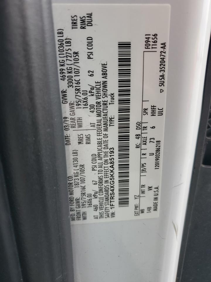 2019 Ford Transit T-350 Hd VIN: 1FTRS4XG5KKA85193 Lot: 58195255