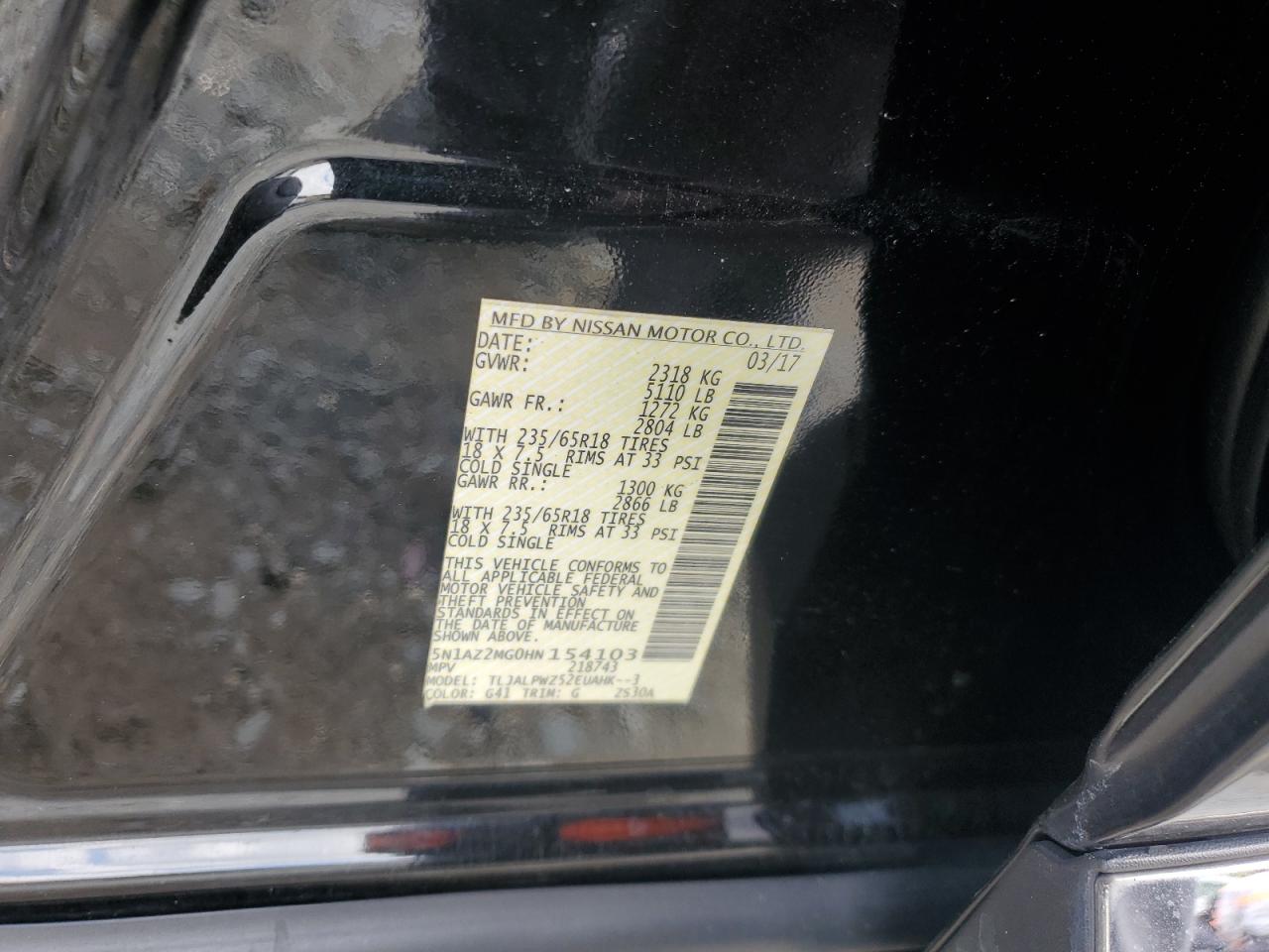 2017 Nissan Murano S VIN: 5N1AZ2MG0HN154103 Lot: 56639725