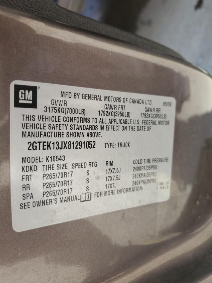 2008 GMC Sierra K1500 VIN: 2GTEK13JX81291052 Lot: 57095165