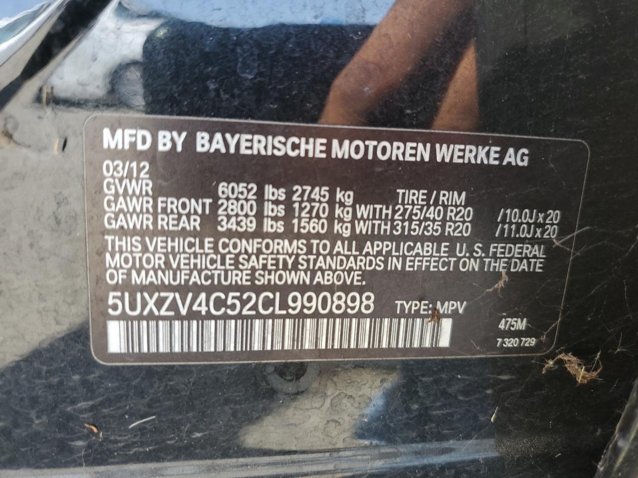 2012 BMW X5 xDrive35I VIN: 5UXZV4C52CL990898 Lot: 55455115