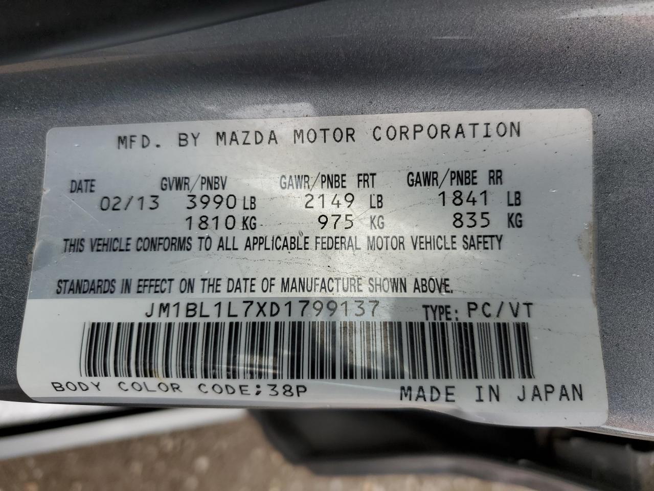 2013 Mazda 3 I VIN: JM1BL1L7XD1799137 Lot: 52456445