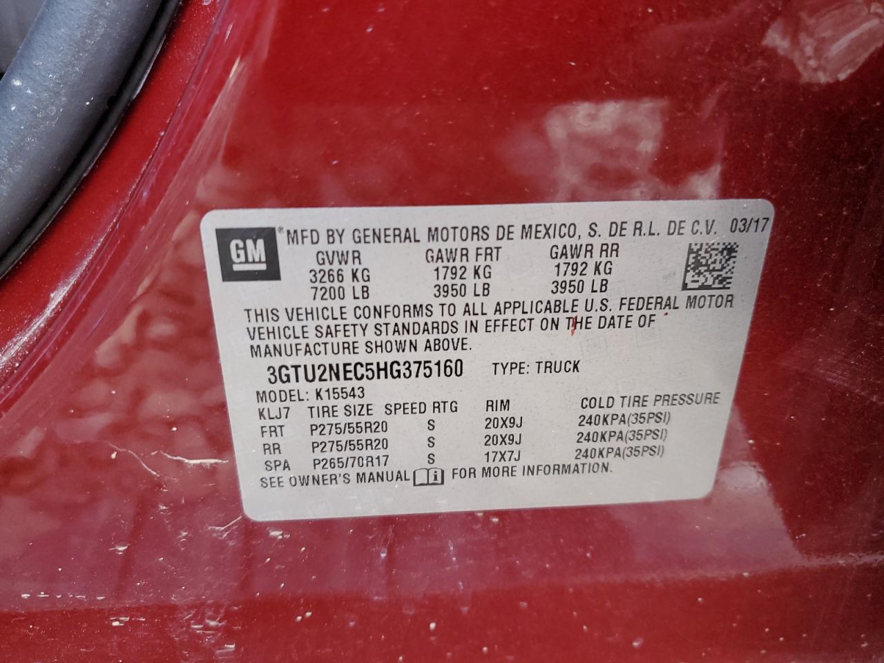 2017 GMC Sierra K1500 Slt VIN: 3GTU2NEC5HG375160 Lot: 56754125