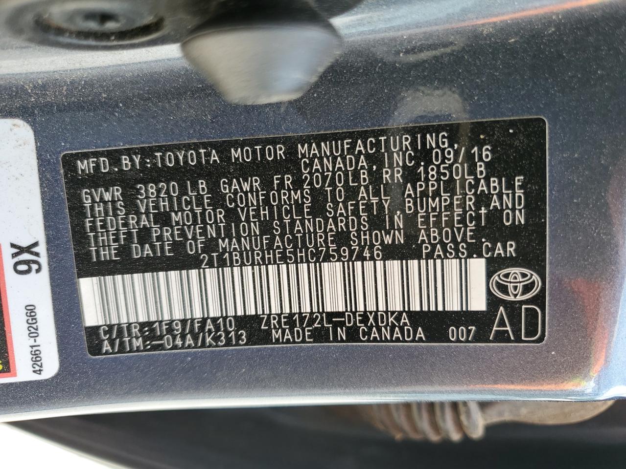 2017 Toyota Corolla L VIN: 2T1BURHE5HC759746 Lot: 55236065