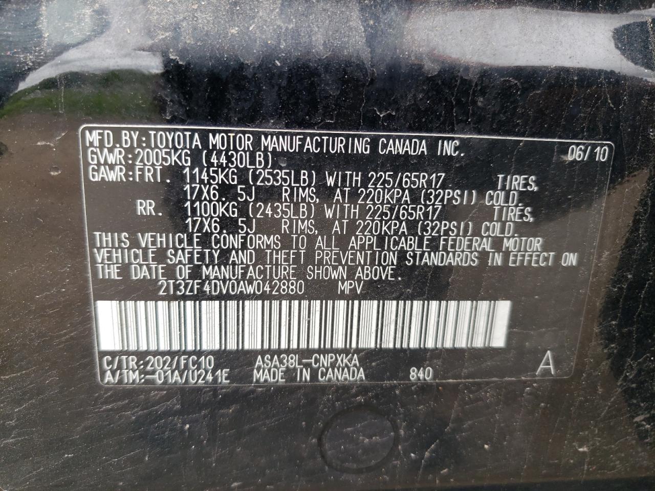 2010 Toyota Rav4 VIN: 2T3ZF4DV0AW042880 Lot: 56953715