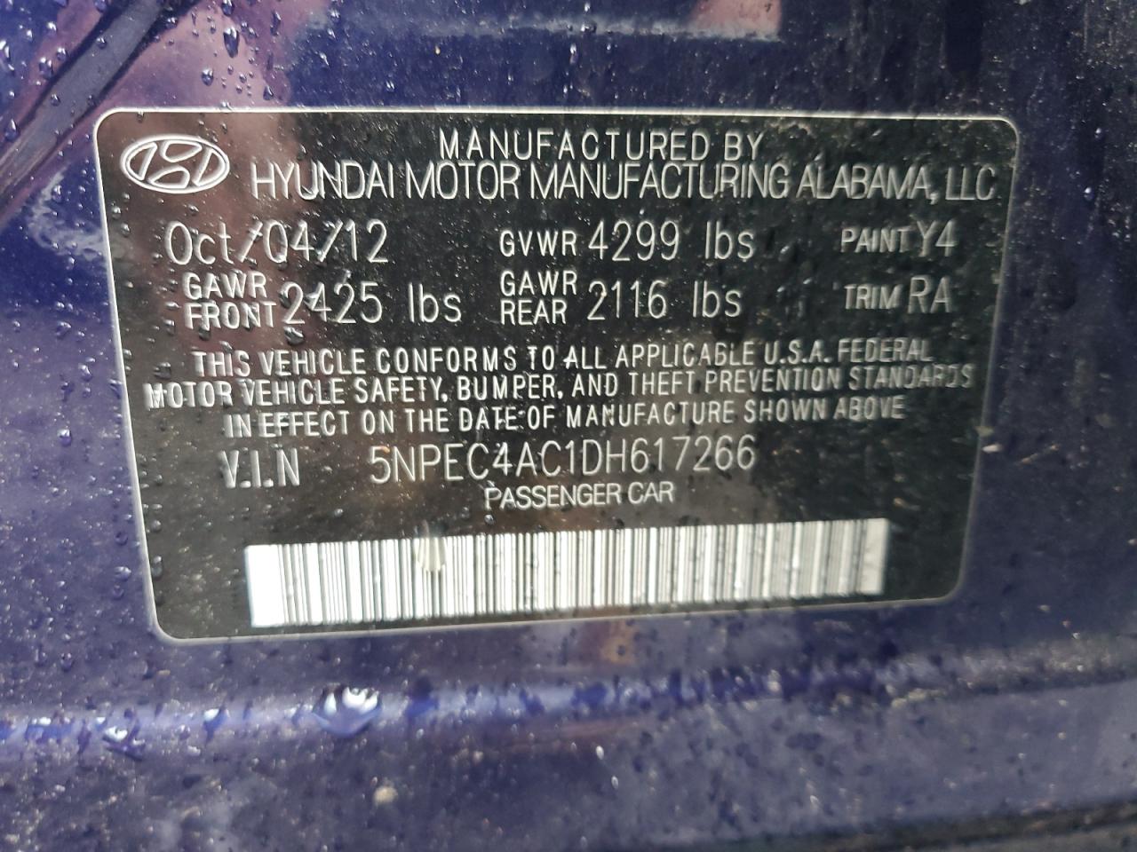 2013 Hyundai Sonata Se VIN: 5NPEC4AC1DH617266 Lot: 57653945