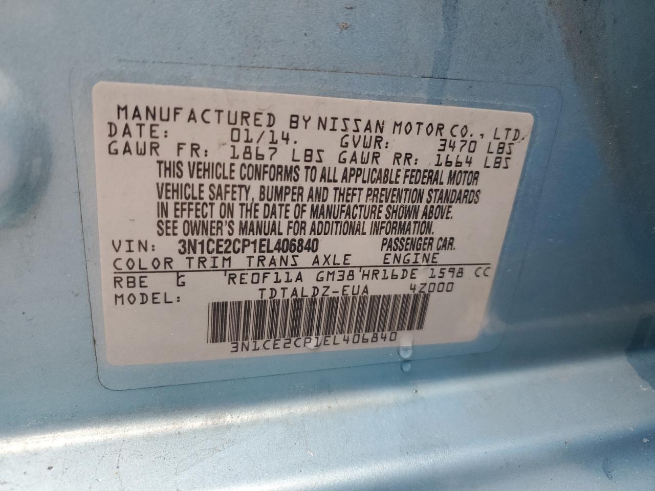 2014 Nissan Versa Note S VIN: 3N1CE2CP1EL406840 Lot: 55941975