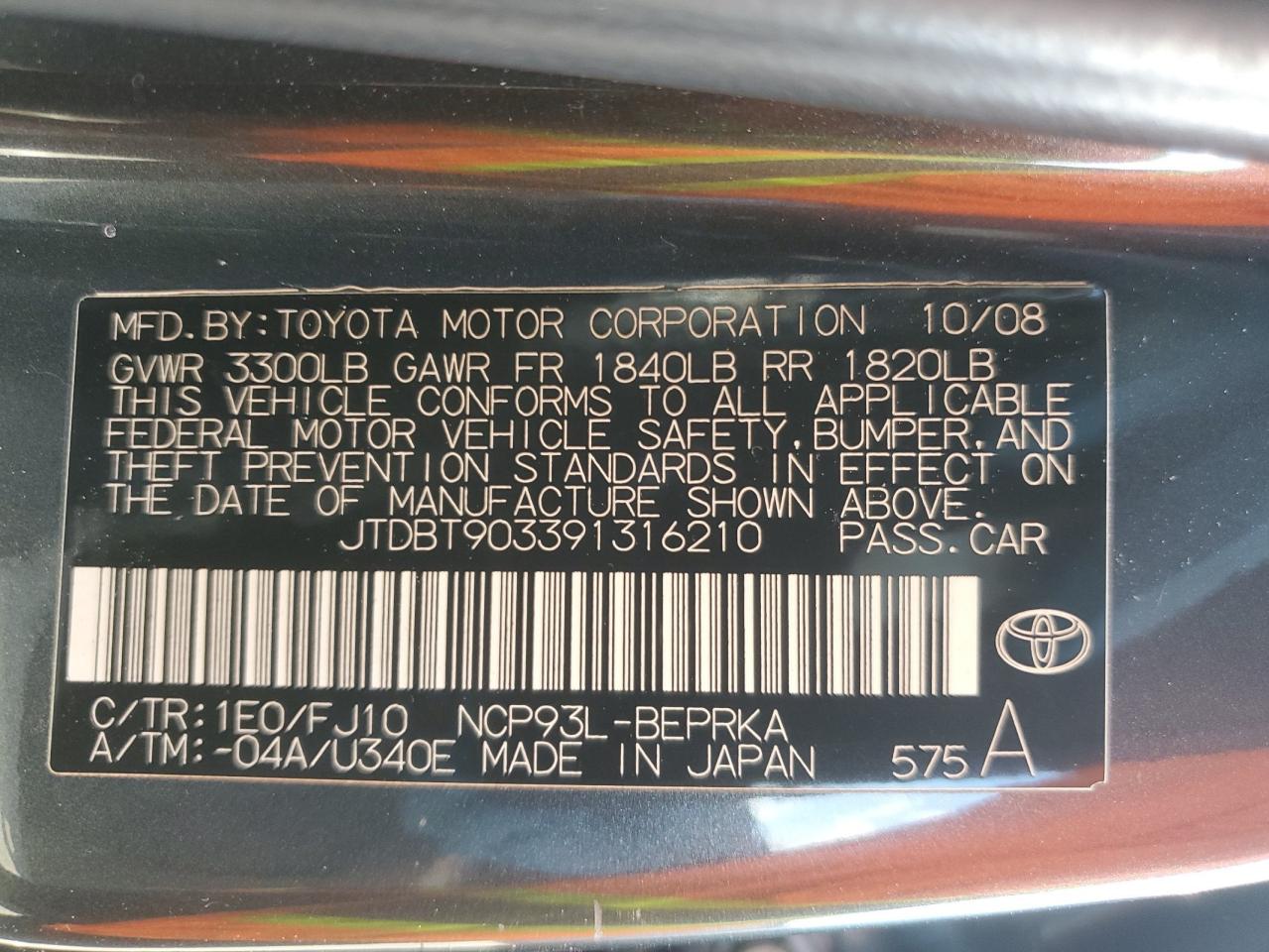 2009 Toyota Yaris VIN: JTDBT903391316210 Lot: 56999055