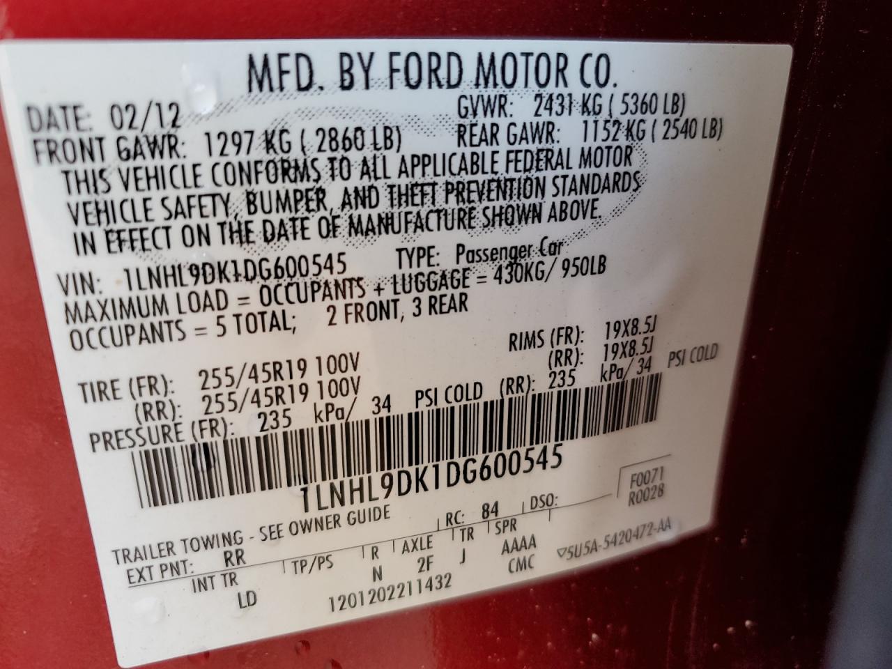2013 Lincoln Mks VIN: 1LNHL9DK1DG600545 Lot: 56346195