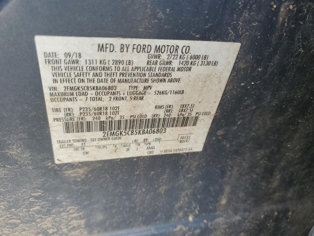 2019 Ford Flex Sel VIN: 2FMGK5C85KBA06803 Lot: 58322465