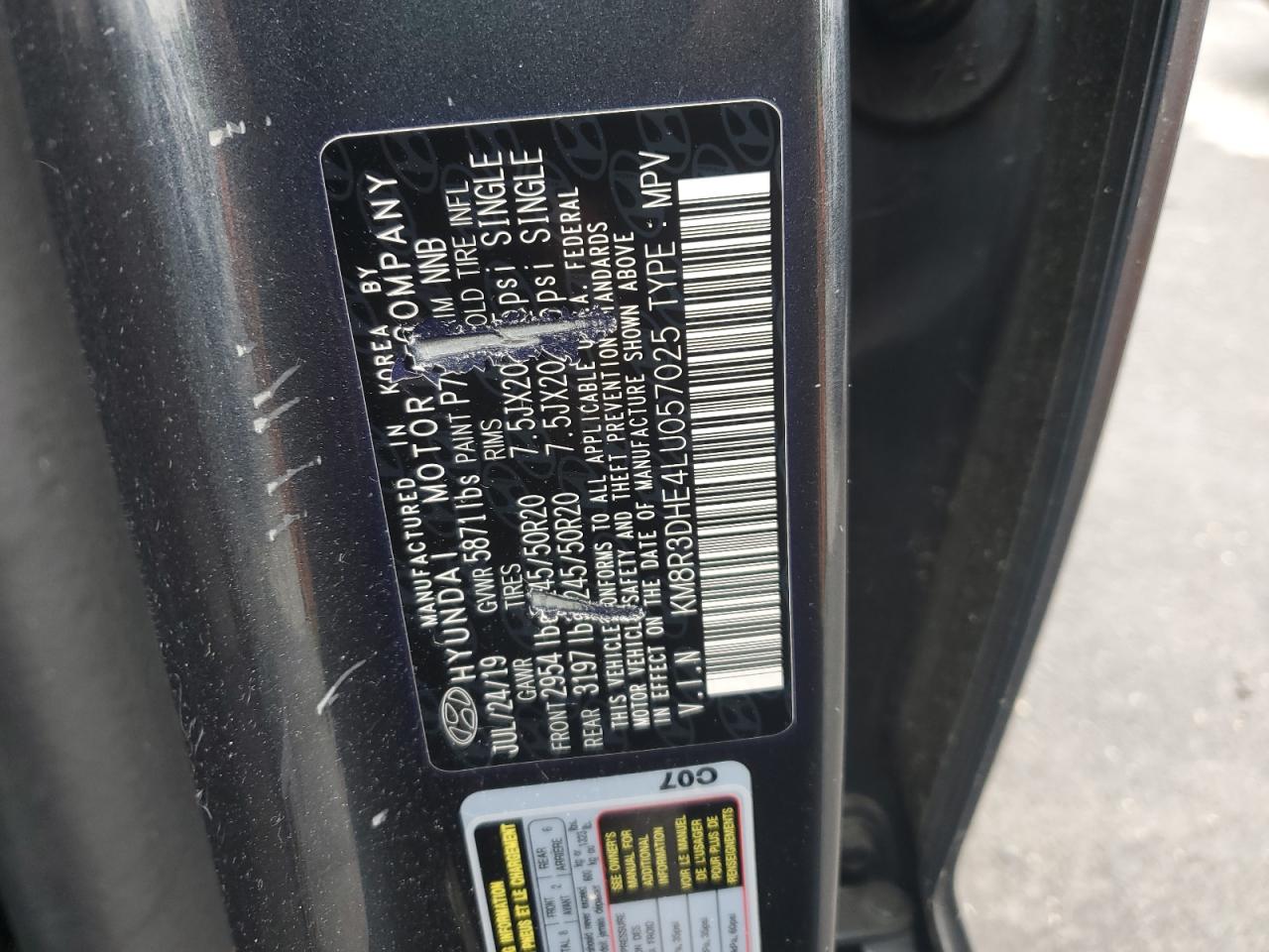 2020 Hyundai Palisade Sel VIN: KM8R3DHE4LU057025 Lot: 58769085
