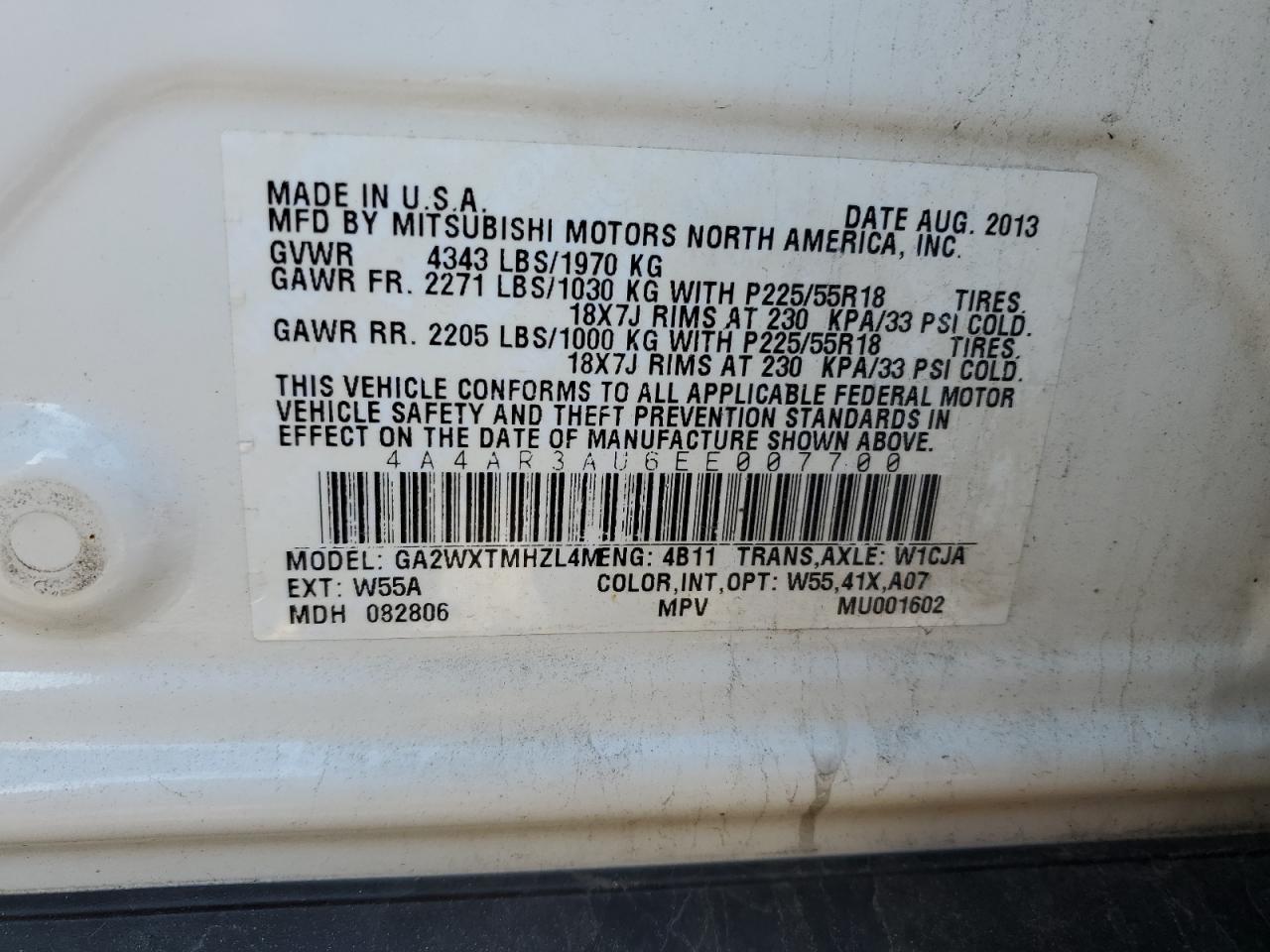 2014 Mitsubishi Outlander Sport Es VIN: 4A4AR3AU6EE007700 Lot: 56399695
