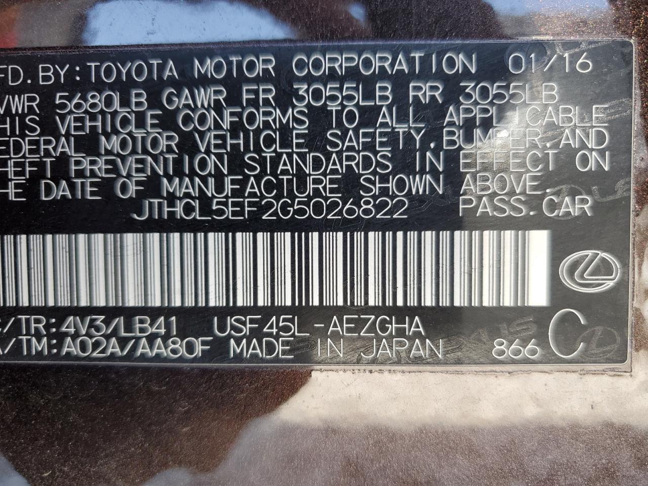 2016 Lexus Ls 460 VIN: JTHCL5EF2G5026822 Lot: 54419325