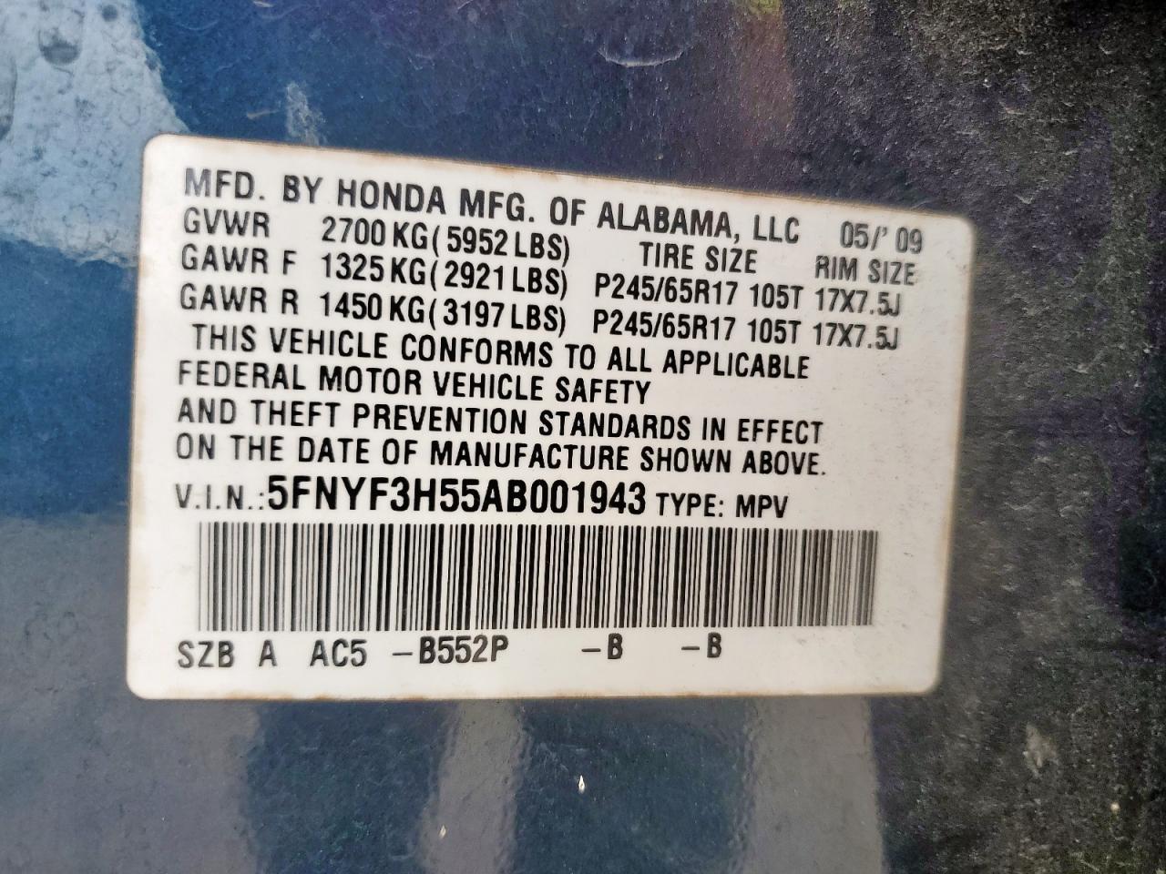 2010 Honda Pilot Exl VIN: 5FNYF3H55AB001943 Lot: 59510585