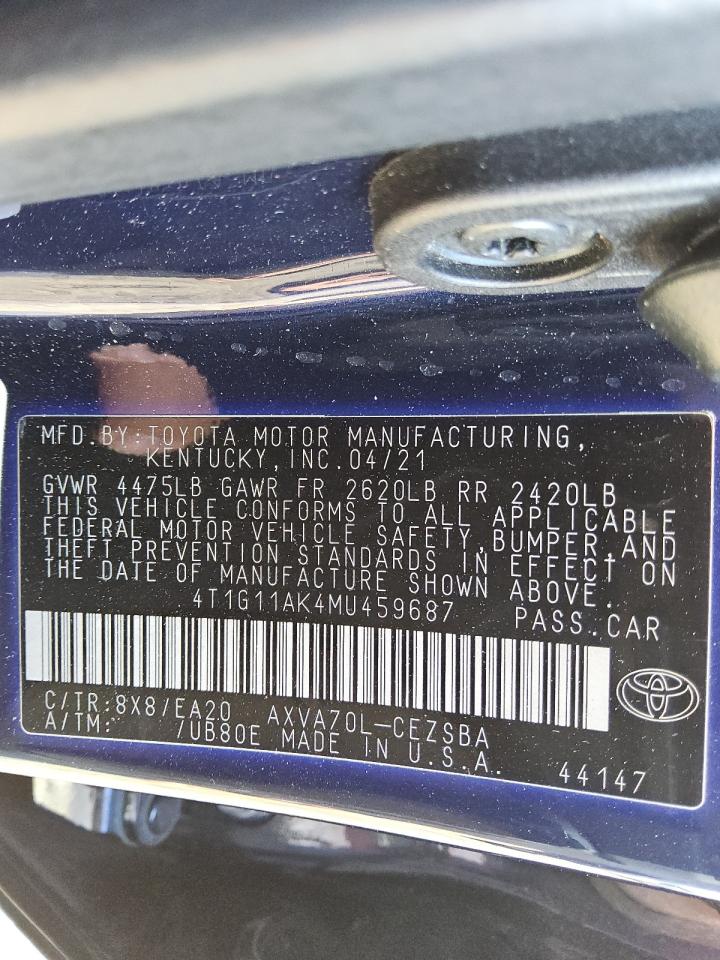 2021 Toyota Camry Se VIN: 4T1G11AK4MU459687 Lot: 54044825