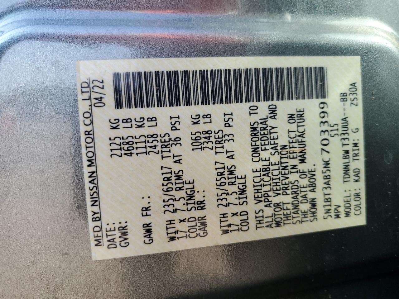 2022 Nissan Rogue S VIN: 5N1BT3AB5NC703399 Lot: 53861635