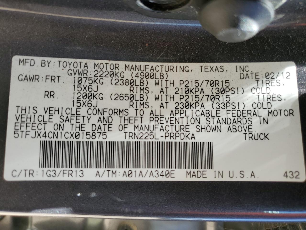 2012 Toyota Tacoma Double Cab VIN: 5TFJX4CN1CX015875 Lot: 57100965