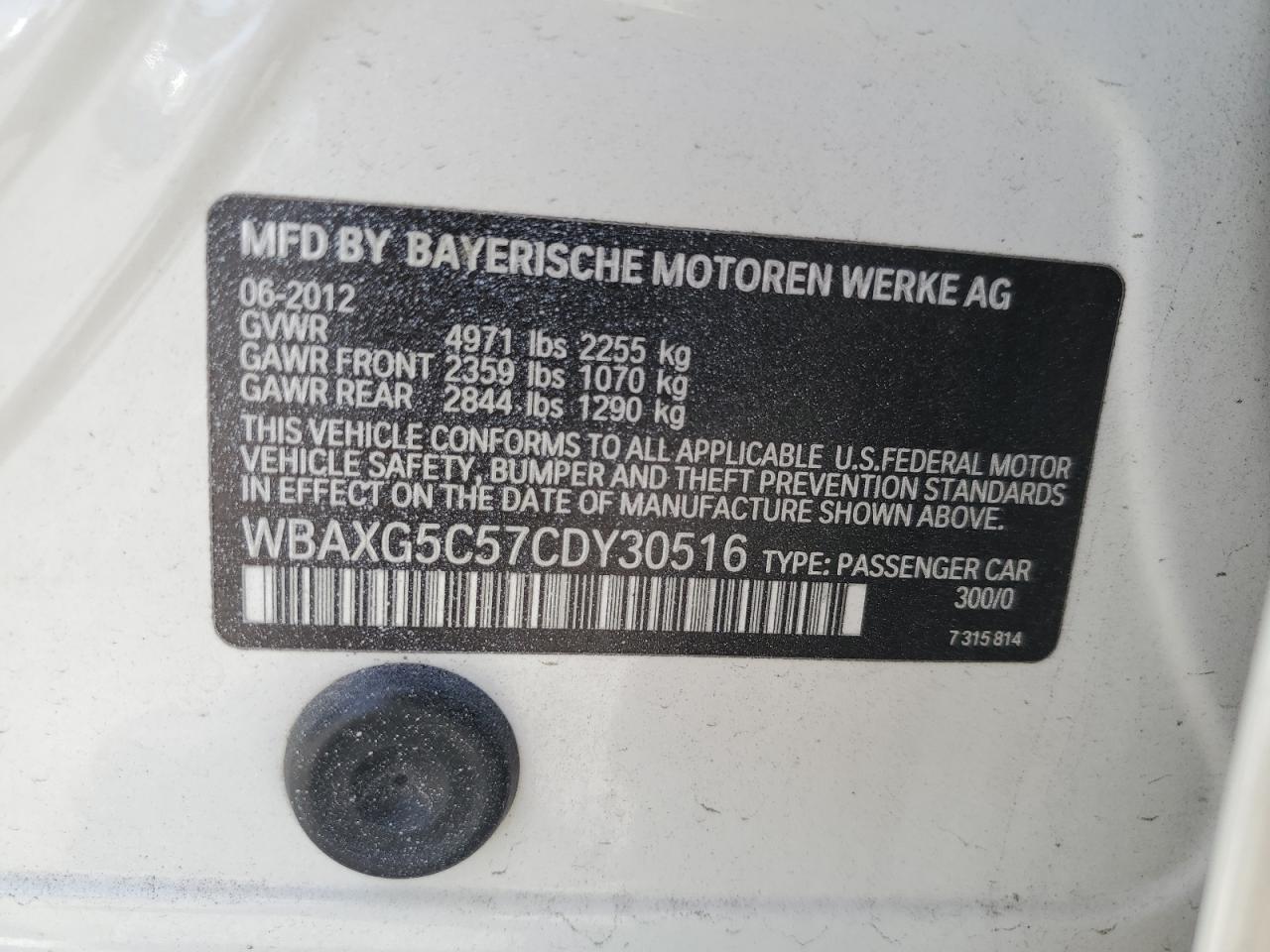2012 BMW 528 I VIN: WBAXG5C57CDY30516 Lot: 55281415