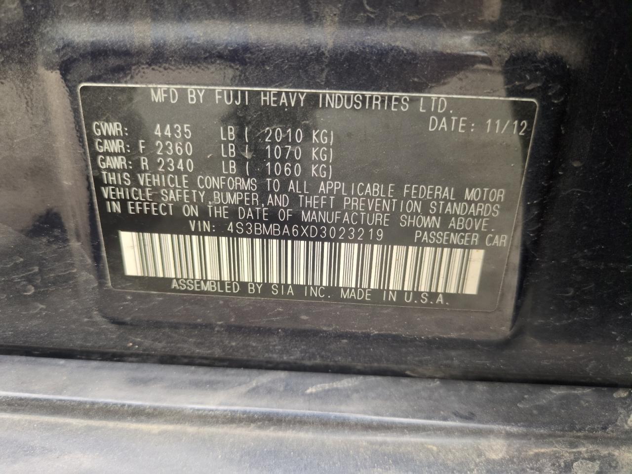 2013 Subaru Legacy 2.5I VIN: 4S3BMBA6XD3023219 Lot: 57112235