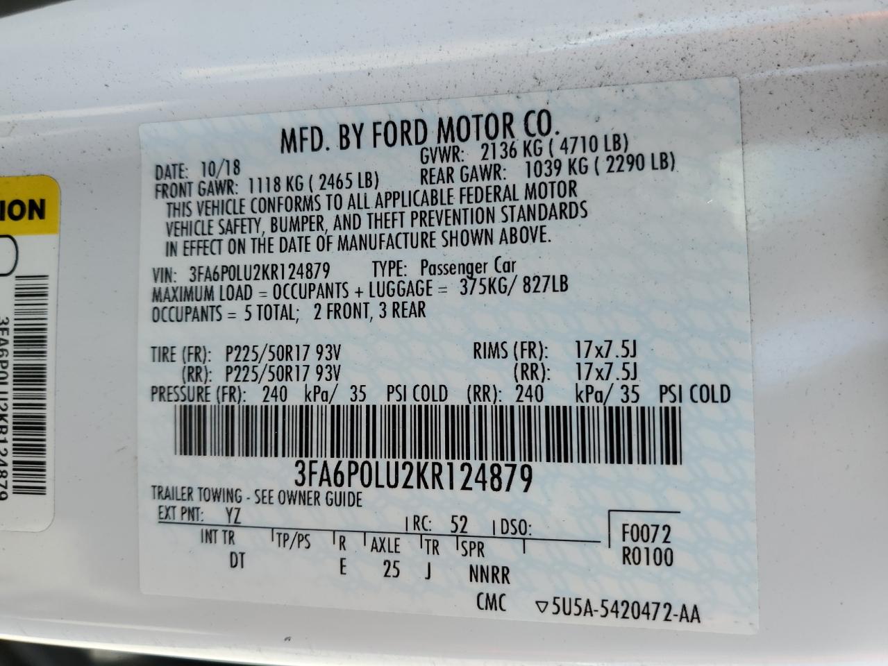 2019 Ford Fusion Se VIN: 3FA6P0LU2KR124879 Lot: 54025545