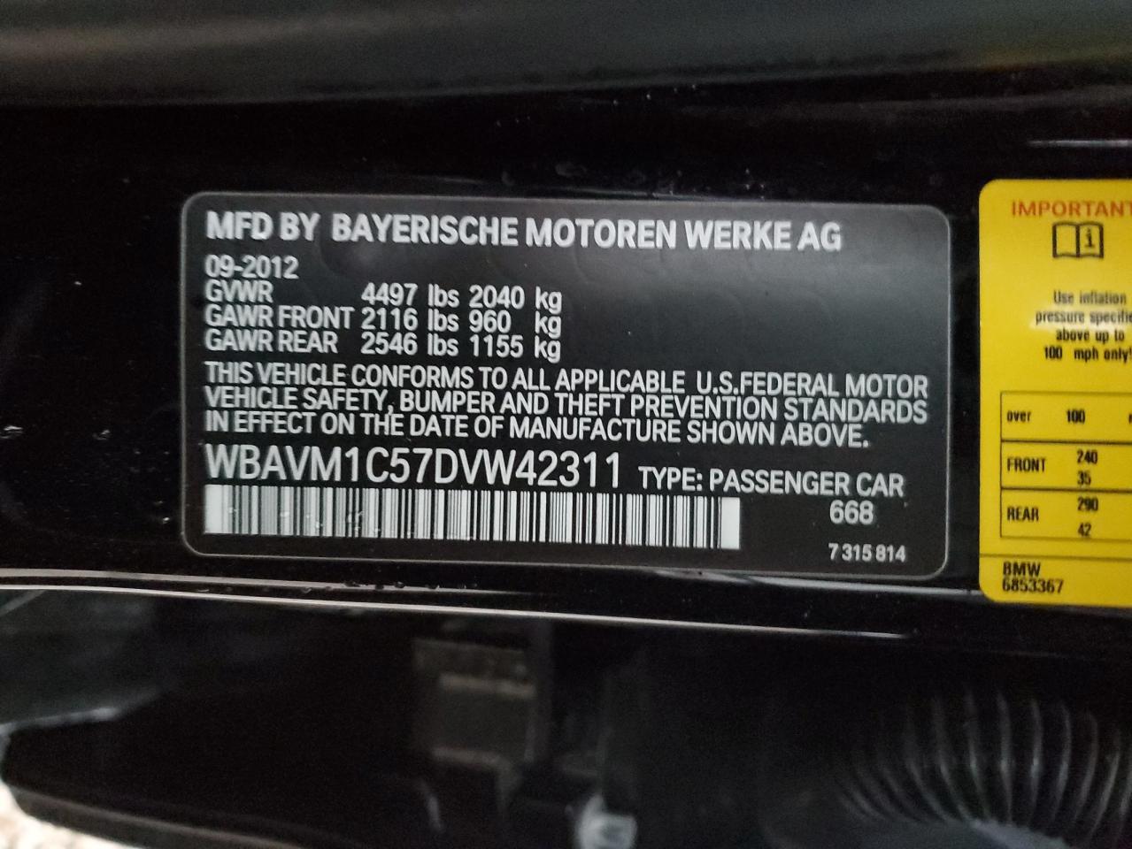 2013 BMW X1 Sdrive28I VIN: WBAVM1C57DVW42311 Lot: 55761735