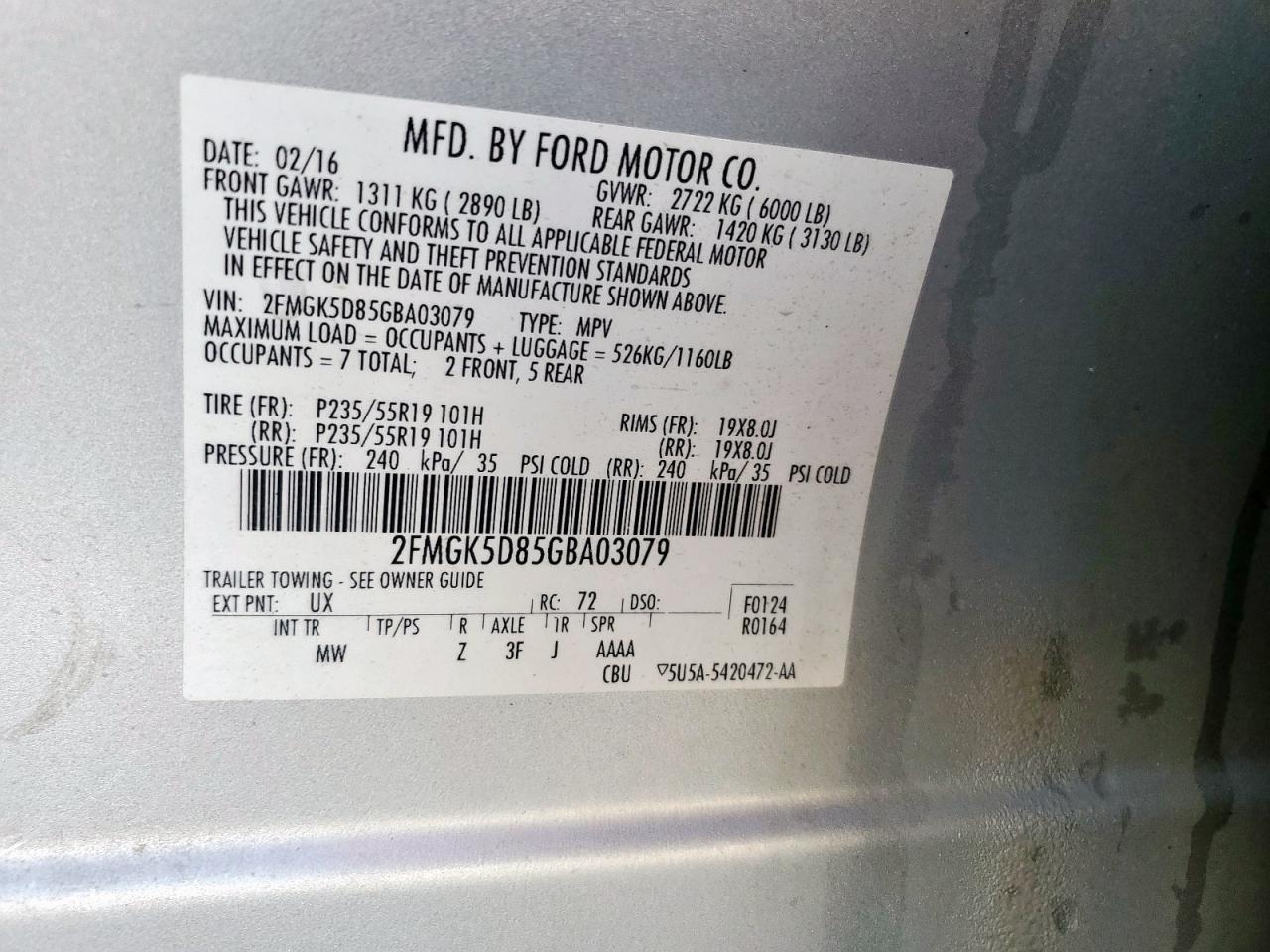 2016 Ford Flex Limited VIN: 2FMGK5D85GBA03079 Lot: 55730495