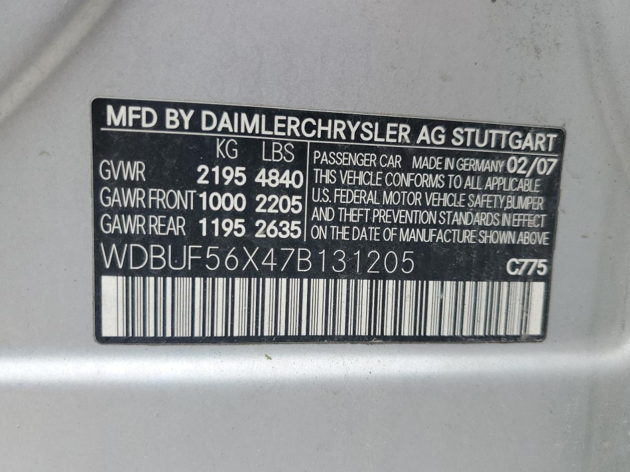 2007 Mercedes-Benz E 350 VIN: WDBUF56X47B131205 Lot: 55440265