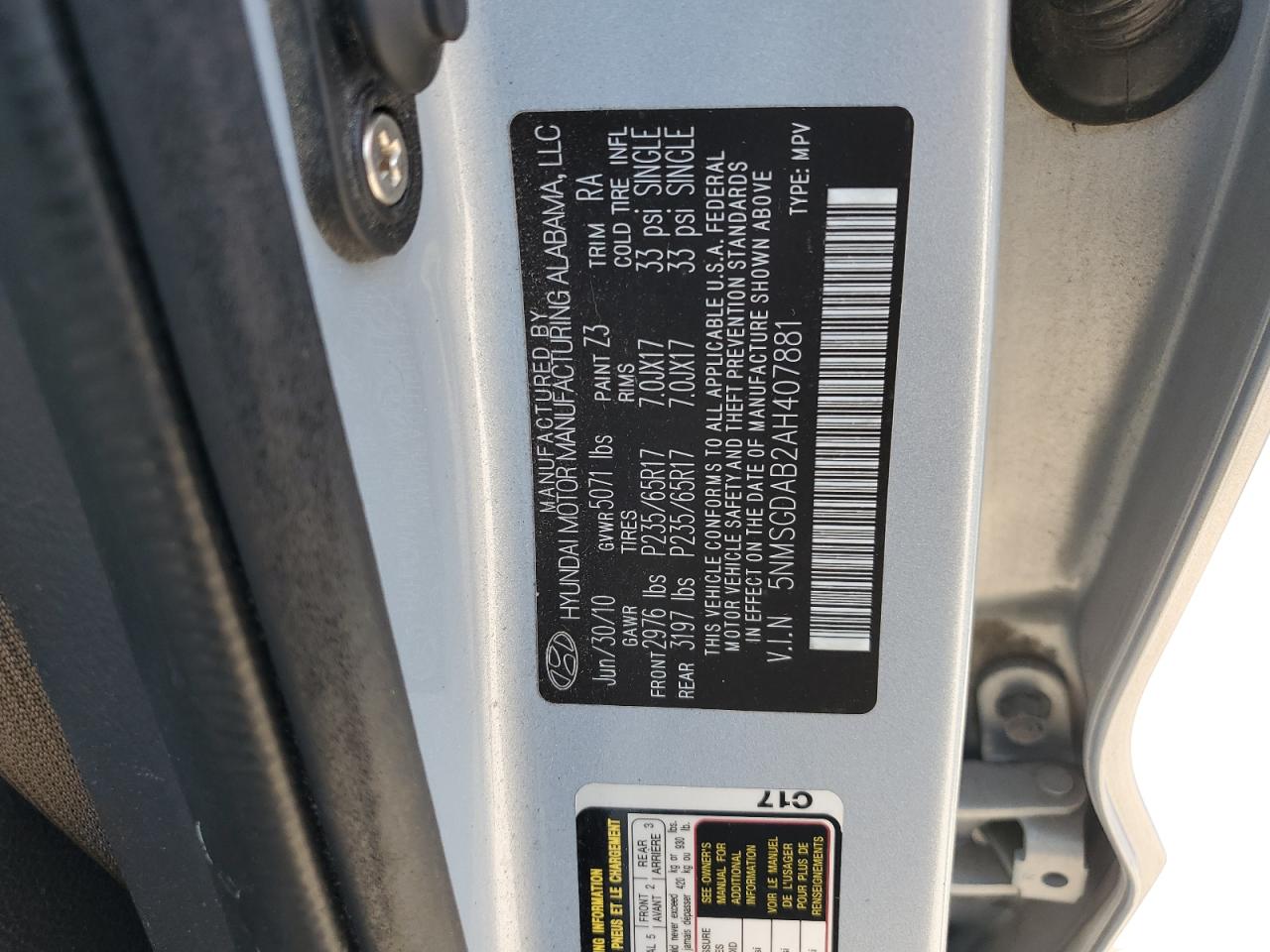 2010 Hyundai Santa Fe Gls VIN: 5NMSGDAB2AH407881 Lot: 56997675