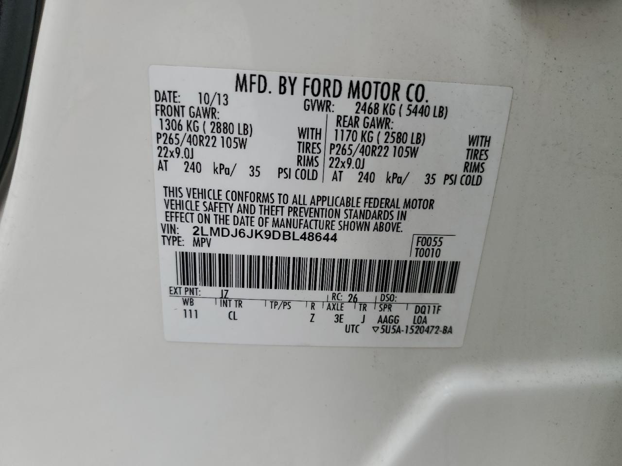 2013 Lincoln Mkx VIN: 2LMDJ6JK9DBL48644 Lot: 57761965