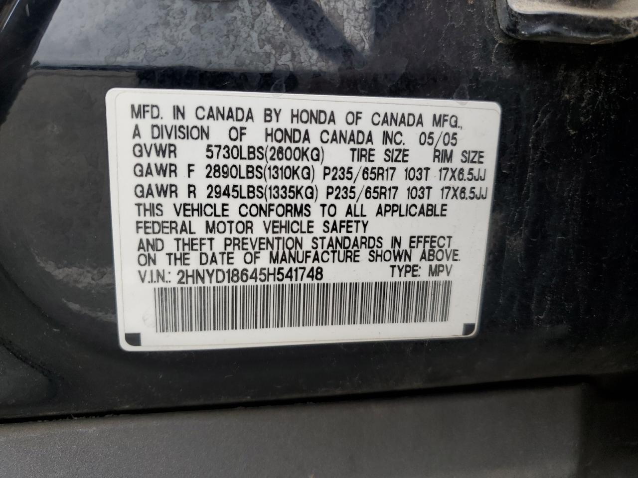 2005 Acura Mdx Touring VIN: 2HNYD18645H541748 Lot: 55961635