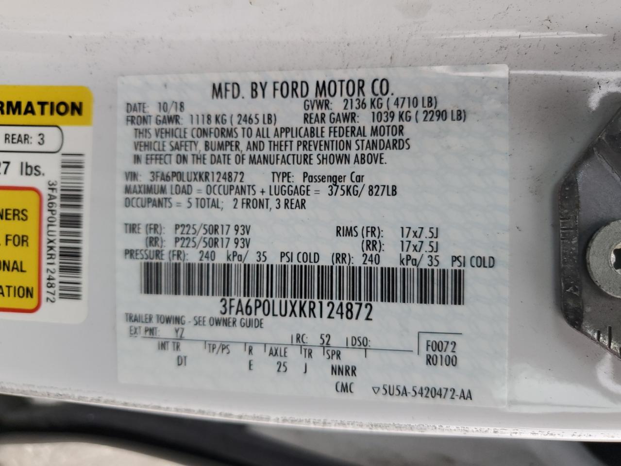 2019 Ford Fusion Se VIN: 3FA6P0LUXKR124872 Lot: 54042605