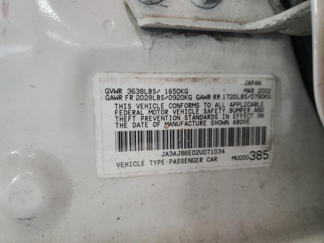 2002 Mitsubishi Lancer Oz Rally VIN: JA3AJ86E02U071034 Lot: 57222945