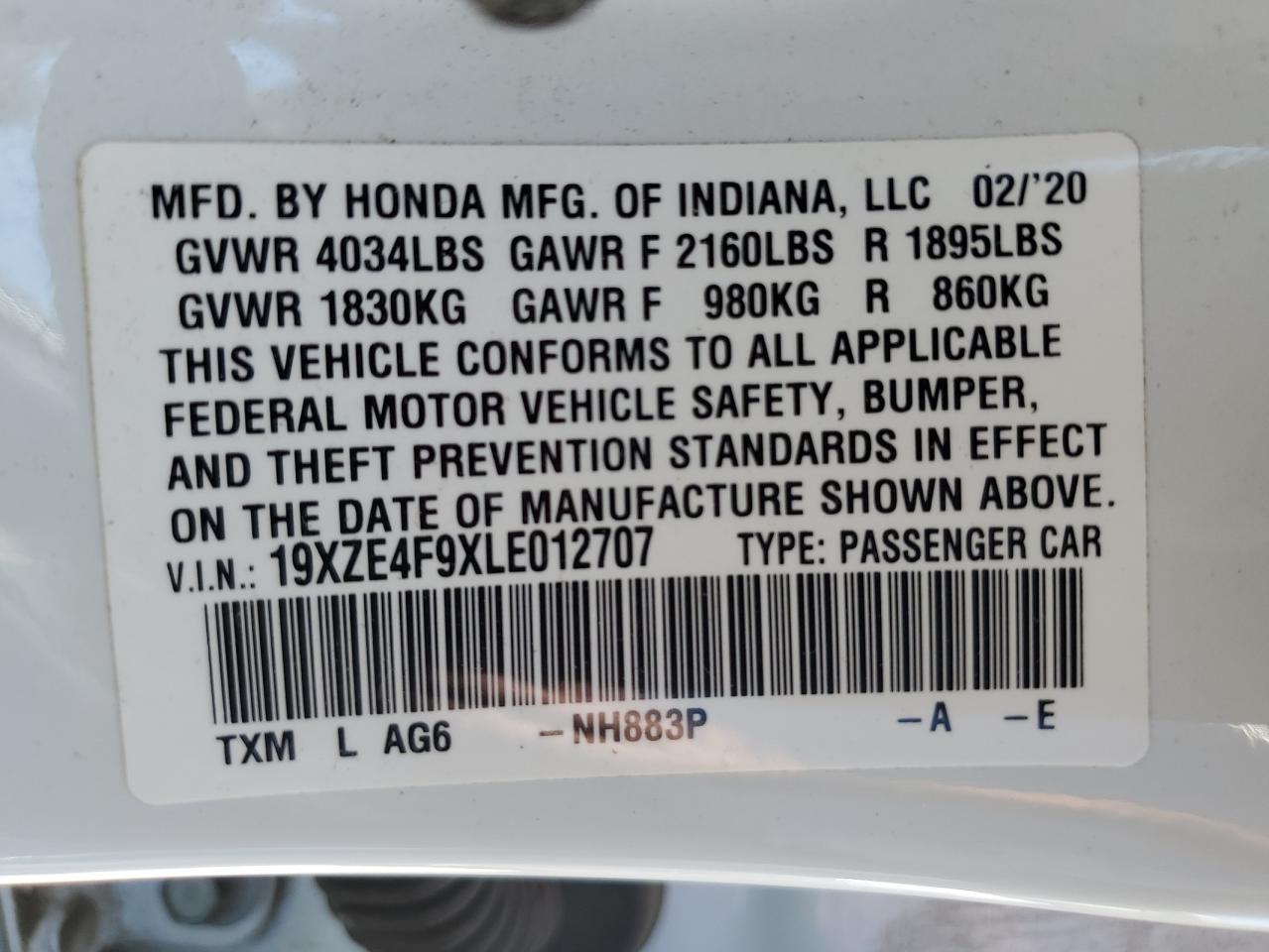 2020 Honda Insight Touring VIN: 19XZE4F9XLE012707 Lot: 56637245