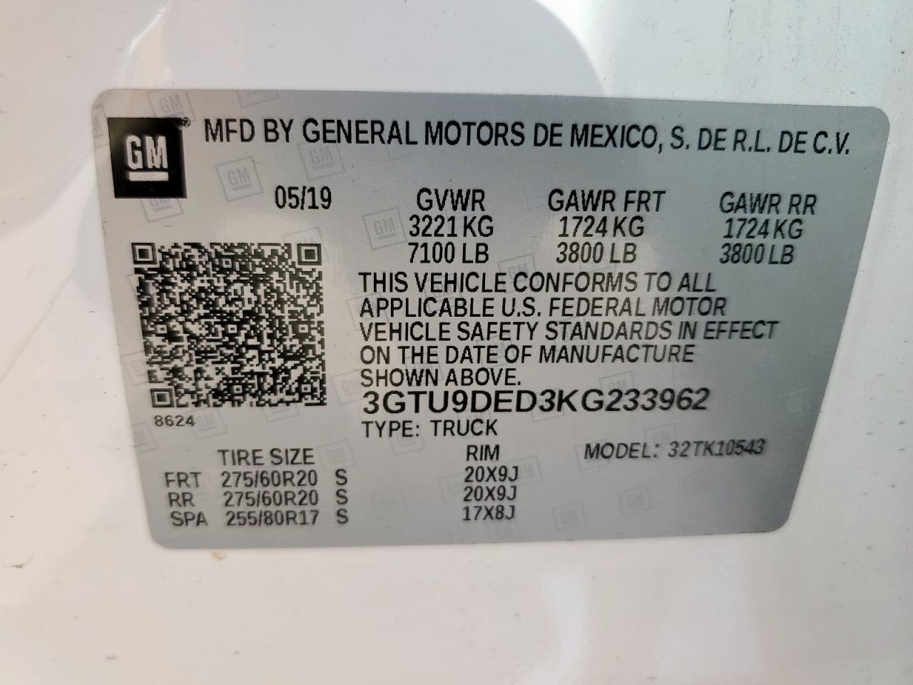 2019 GMC Sierra K1500 Slt VIN: 3GTU9DED3KG233962 Lot: 58734065