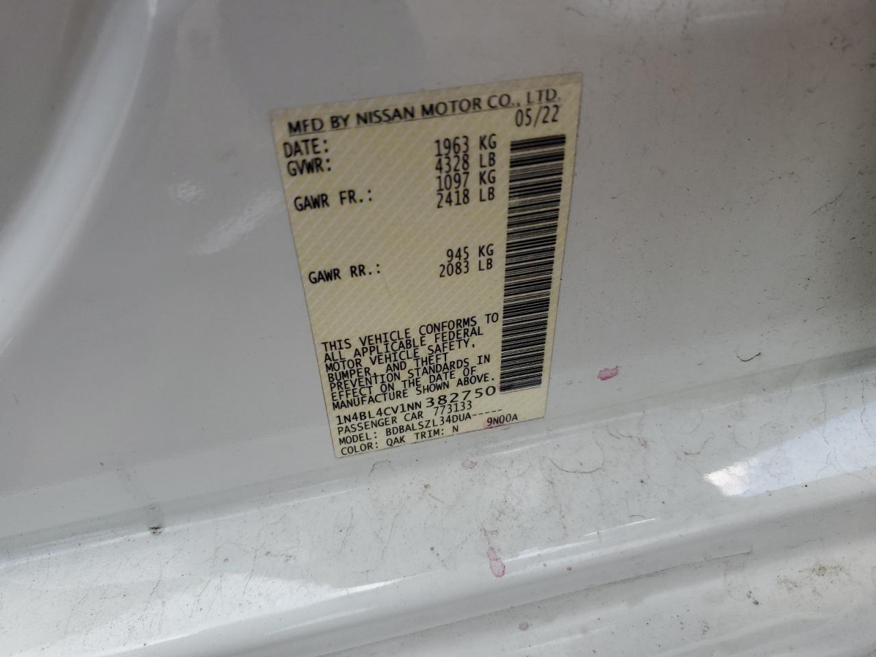 2022 Nissan Altima Sr VIN: 1N4BL4CV1NN382750 Lot: 56610175