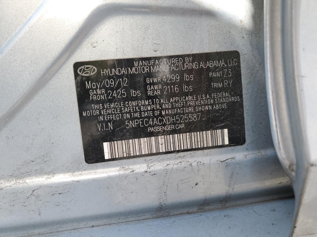 2013 Hyundai Sonata Se VIN: 5NPEC4ACXDH525587 Lot: 55355335
