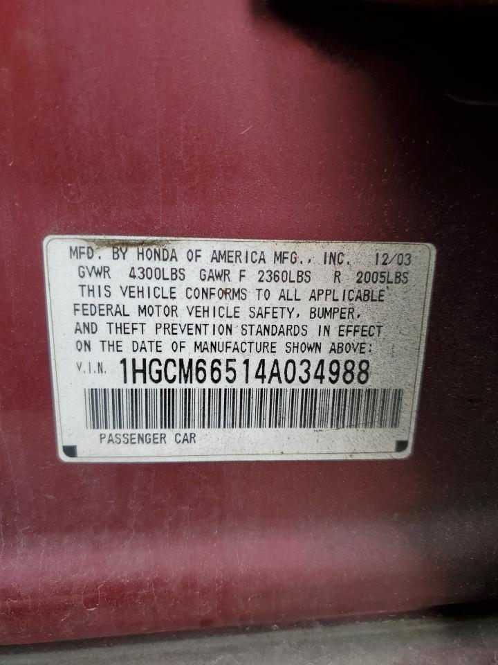 2004 Honda Accord Ex VIN: 1HGCM66514A034988 Lot: 55592495