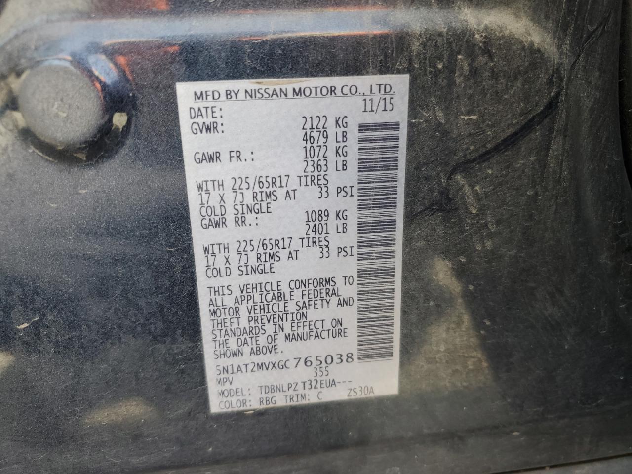 2016 Nissan Rogue S VIN: 5N1AT2MVXGC765038 Lot: 57159415