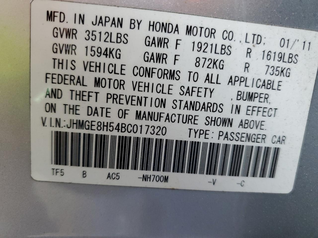 2011 Honda Fit Sport VIN: JHMGE8H54BC017320 Lot: 56925185
