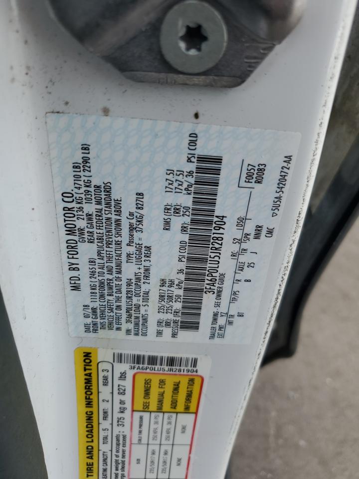 2018 Ford Fusion Se Hybrid VIN: 3FA6P0LU5JR281904 Lot: 54024225